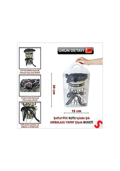 Pvc Kutulu Özel Siyah Lüks Yapay Gül Buketi - 30cm X 15cm