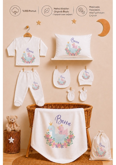 Pia Baby İsme Özel Kız Bebek Hastane Seti 12 Parça %100 Pamuk Organik Baskılı Kıyafet Kesesi Hediyeli 203411k3x Ekru