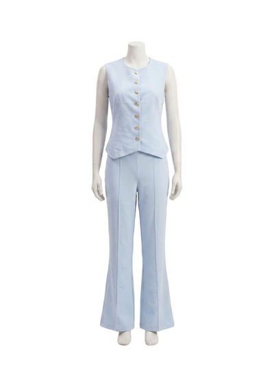 Orvelia Altın Düğmeli Tailored Yelek Ve Dikiş Detaylı İspanyol Paça Pantolon Takımı Azurea Açık Mavi Orvelia Altın Düğmeli Tailored Yelek Ve Dikiş Detaylı İspanyol Paça Pantolon Takımı Azurea Açık Mavi