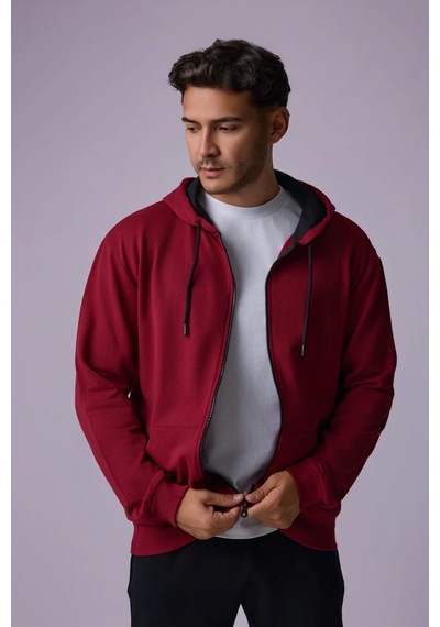 Defys Defy S Erkek Oversize Kapüşonlu Fermuarlı Cepli Sweatshirt Bordo - 527577758 Bordo