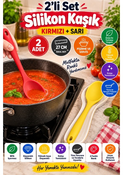 2'li Set Kırmızı Sarı Büyük Boy Silikon Kaşık 27 Cm Mutfak Yemek Pişirme Ve Servis Kaşığı Sofra İçin