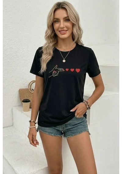 Efnaz Style Minimal Kalp İşaret Baskılı Tişört Kısa Kol Yazlık T-shirt - Siyah