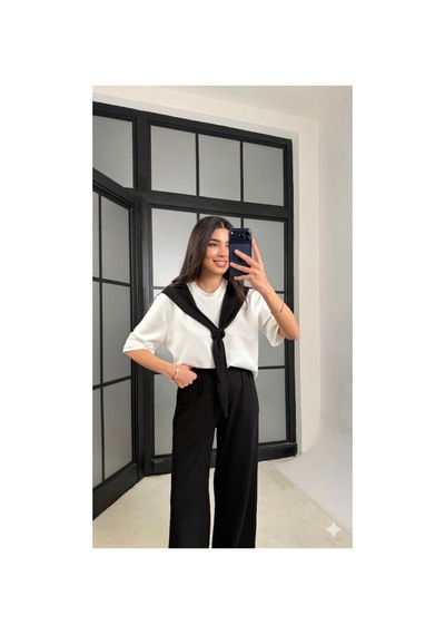 Miss Beyoğlu Kadın Şal Detaylı Basic Tshirt Beli Lastikli Pantolon İkili Eşofman Takımı Siyah