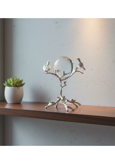 Furkan Metal Dekoratif Ayaklı Kuşlu Küre Güümüş Obje 1