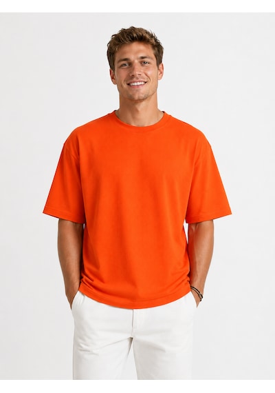 Vasto Moda Erkek Oversize Kalın Dokulu %100 Organik Pamuk Bisiklet Ribana Yakalı Turuncu T-shirt