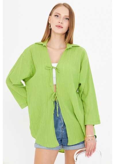 Armonika Kadın Fıstık Yeşili Gömlek Yakalı Önden Bağcıklı Kimono Gömlek Arm-25k001006