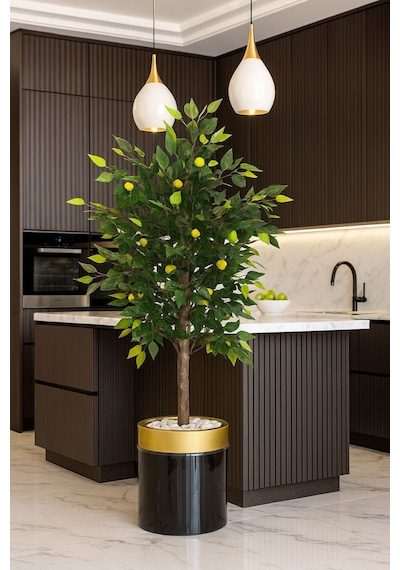 Yapay Limon Ağacı 150 Cm Yeşil Yaprakları Lux Metal Saksı Dahil