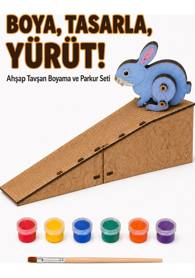Çocuk Ahşap Hareketli Tavşan Boyama Seti 6 Renk Boya, Fırça Ve Kolay Montaj Parkuru