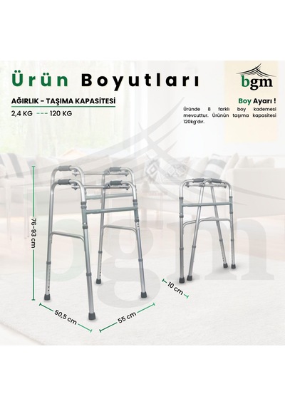Yürüteç Walker Hasta Yürüteci Yüksek Kalite Katlanır Walker 8 Kademeli Ayarlanabilir Yürüteç