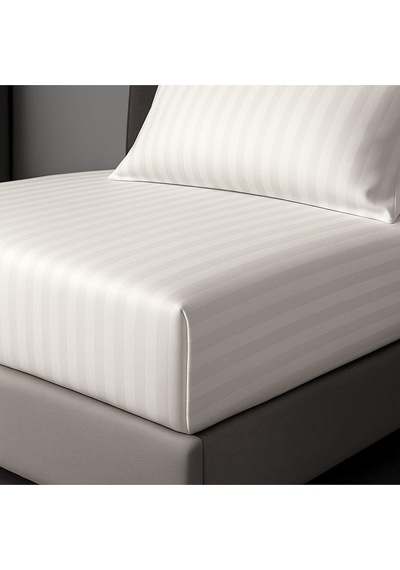Satin Stripe %100 Pamuk Saten Tek Kişilik Çizgili Lastikli Çarşaf Seti Yastıklı 120x200+30 Bej