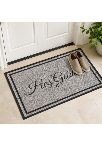 Kartela Halı Hoş Geldiniz Yazılı Çift Çerçeveli Kapı Paspası Antrasit Kaymaz Kauçuk Taban 40x60 Cm