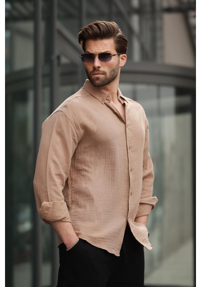 Madmext Camel Basic %100 Pamuklu Uzun Kollu Erkek Gömlek E6761 Camel