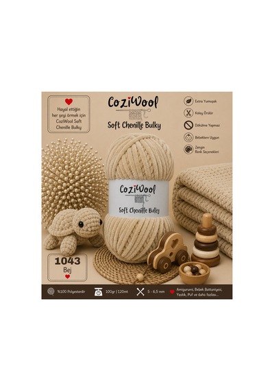 Kadife El Örgü İpliği Soft Chenille Bulky 5'li Paket, 5x100 Gr. 120 Mt. %100 Mikro Polyester Bej - 875823131