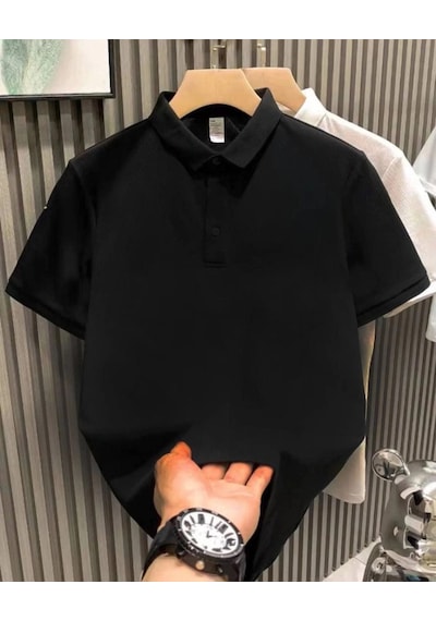 Freedom Storee Erkek Polo Yaka Tişört Düğmeli Pike Düz T-shirt - Siyah Çok Renkli