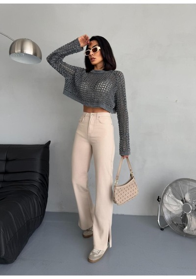 Bej Denım Kumaş Yırtmaç Detaylı Wide-leg Pantolon Bej