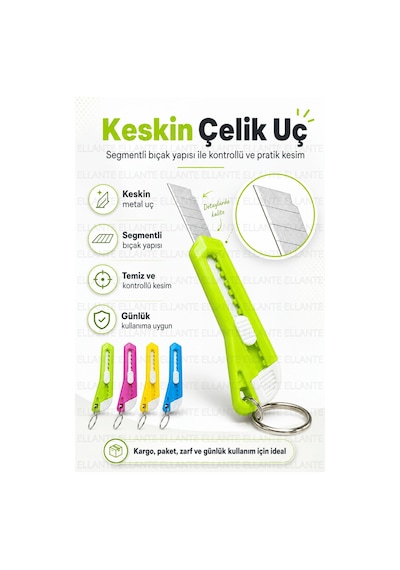 Mini Maket Bıçağı Anahtarlık Çelik Uç Sürgülü Kargo Koli Paket Zarf Açıcı Pratik Kesici Tekli 1 Adet