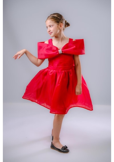 Mnk Baby & Kids Kız Çocuk Taş Fiyonklu İsalon Elbise M00763 Kırmızı
