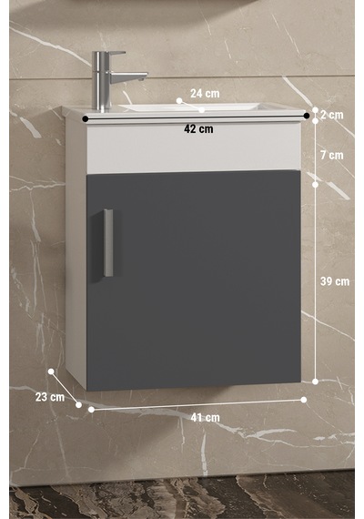 Lale 42x24 Cm Beyaz-antrasit Gri Mat Mdf Seramik Lavabolu Asma Banyo Alt Dolabı