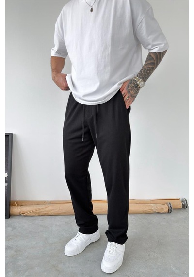 Siyah Fitilli Basic Relaxed Pantolon