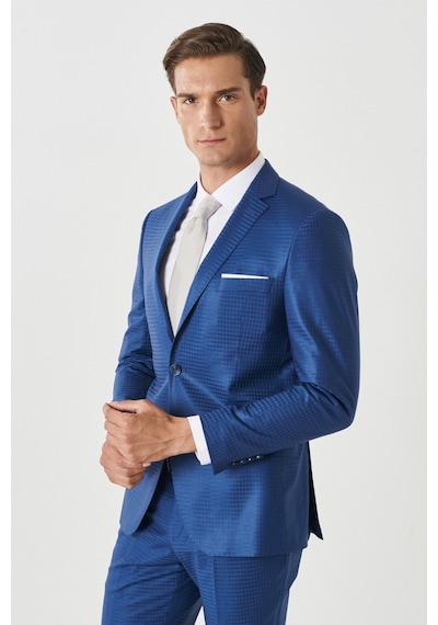AC&Co / Altınyıldız Classics Eksta Slim Fit Dar Kesim Mono Yaka Kareli Mavi Takım Elbise Mavi-48-6N Mavi