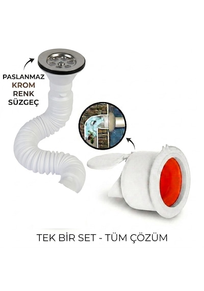 Antik Körüklü Lavabo Gider Si Fonu Üstü Paslanmaz Altı Plastik + Çekvalfli Conta Kötü Koku Böcek Kirli Su Önleyici Lavabo Gider Aparatı Krom