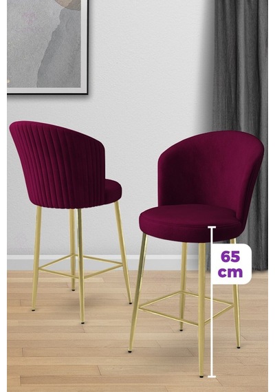 Canisa Alte Serisi 2 Adet Babyface Kumaş 65 Cm Gold Kaplama Ayaklı Mürdüm Bar Sandalyesi Mürdüm Sandalye Gold Kaplama Ayak