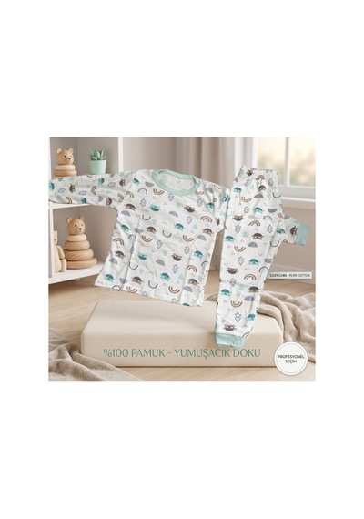 Deniva Kids Erkek Çocuk %100 Pamuklu Sevimli Hayvan Desenli Uzun Kollu Pijama Takımı Ekru