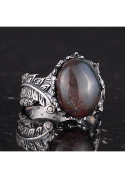 Gerçek Doğal Yeşil Kan Taşı Taşlı Vintage Bohem Tasarım Gümüş Kadın Yüzüğü Gümüş
