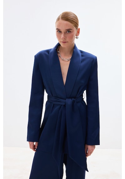 Sateen Kuşaklı Saten Ceket - Lacivert-137009 Lacivert