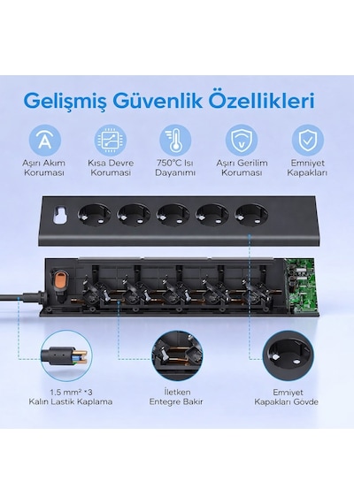 5 Li Köşe Priz 2 Usb-a 2 Usb-c Girişli 2 Metre Kablolu Gece Işıklı Akım Korumalı Masaüstü Çoklu Priz 3680w 1 - 3 M