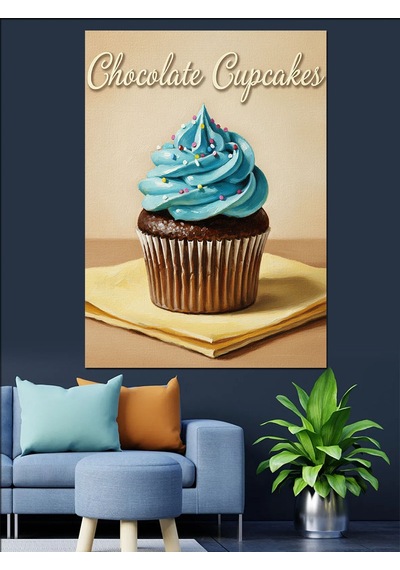 Ahşap Tablo Mavi Kremalı Cupcake Lezzetli Yiyecek Ve İçecek Tabloları