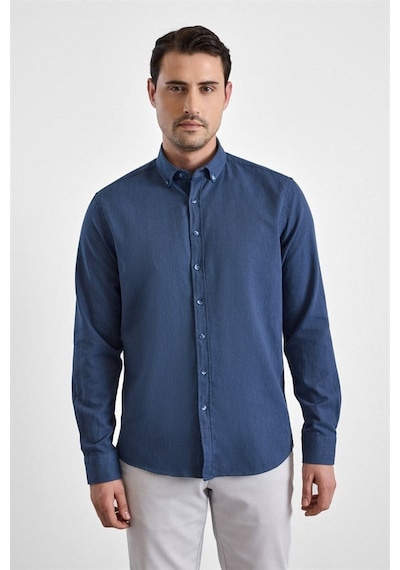 Süvari Lacivert Slim Düğmeli Yaka Düz Cepsiz Casual Gömlek Gm2025500498-m09