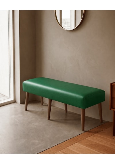 Yeşil Deri Bank Bench Oturma Pufu Modern Salon Antre Puf Ayakkabılık Önü Koltuk 40x120