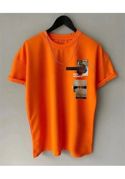 New Moment T-shirt - Turuncu Baskılı Oversize Bisiklet Yaka Kısa Kol Turuncu