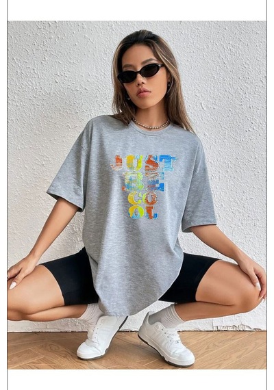 Medinenur Unisex Just Be Cool Baskılı Tshirt Gri