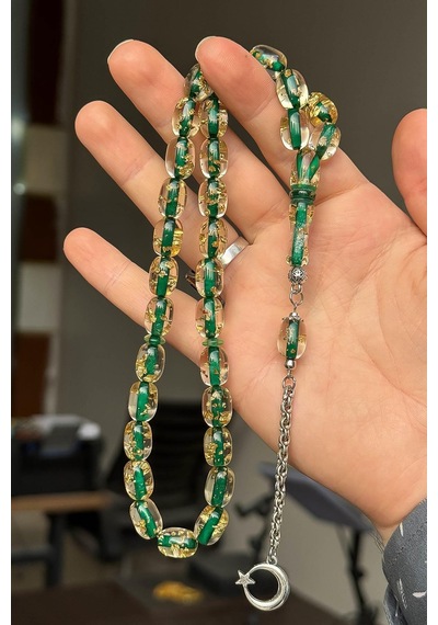 Tesbihkenti Altın Varaklı Yeşil Renk Badem Kesim Toz Kehribar Tesbih