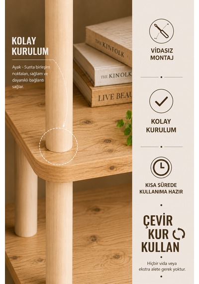 Tridihome 5 Katlı Kolay Kurulum Çok Amaçlı Raf Ünitesi Salon Ofis Çocuk Odası Doğal Ahşap Kitaplık Natural Ahşap