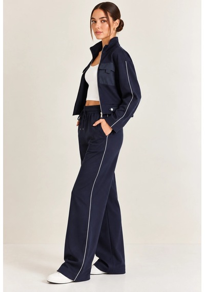 Mevese Biyeli Detaylı Dik Yaka Fermuarlı Sweatshirt & Wide Leg Eşofman Takım - Lacivert Mevese Biyeli Detaylı Dik Yaka Fermuarlı Sweatshirt & Wide Leg Eşofman Takım - Lacivert