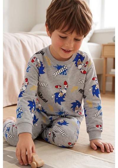 Zuzunga The Hedgehog Super Sonic Desenli %100 Pamuk Gri Renk Erkek Çocuk Pijama Takımı