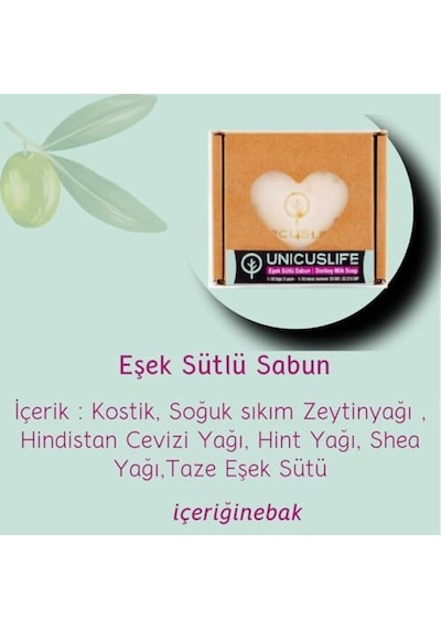 Unicuslife% 100 Saf Doğal Eşek Sütlü Sabun, Katkısız, Soğuk İşlem, El Yapımı İçeriğinebak 100 Gr