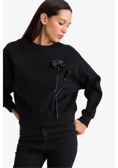 Defacto Boxy Fit Bisiklet Yaka Aplike Kalın Sweatshirt G7007ax25wnbk81 Siyah-bk81