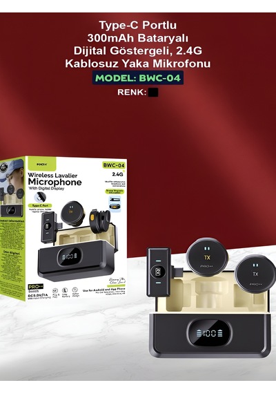 Type-c Girişli 300mah Dijital Ekranlı 2.4g Kablosuz Çift Yaka Mikrofonu Pro++
