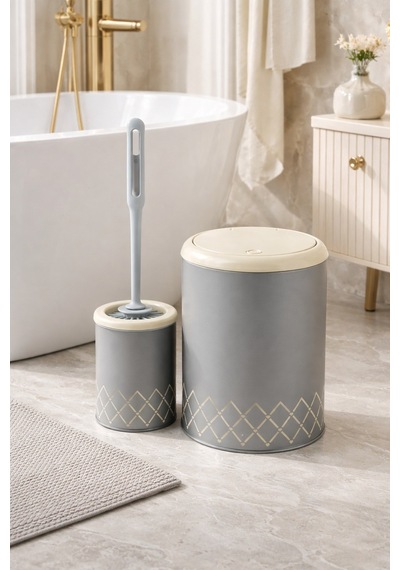 Geometrik Zikzak Desenli 2'li Banyo Seti Gri