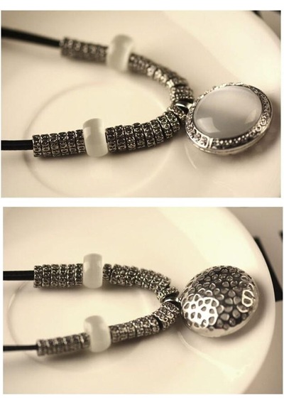 Opal Taşlı Kolye Vintage Collier Deri Örme Halat Zincir 554024451
