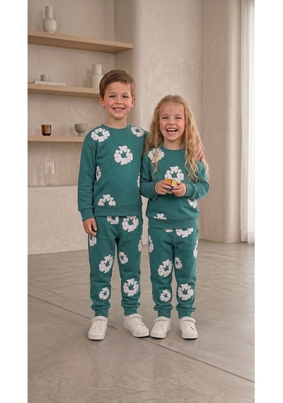 Mavi Boncukk Kız Erkek Çocuk Unisex Çiçek Desenli Sweatshirt Ve Eşofman Altı 2 Li Takım Petrol Yeşili