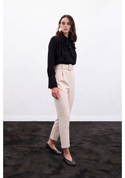 Sateen Kemerli Pantolon - Bej-136909 Bej