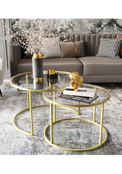 Dekoport Milas Mat Gold Orta Sehpa - Temperli Şeffaf Cam Gold
