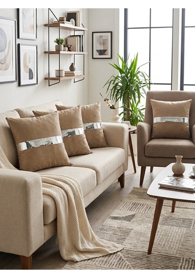 Venüs 07 Gold Şeritli 4 Lü Set Dekoratif Ve Modern Modern Tasarım Kırlent Kılıfı Lüks Koltuk Yastık Kılıfı Gümüş