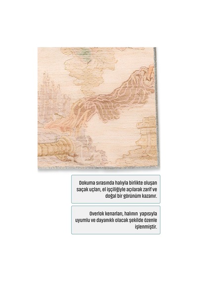 Salon Halısı Bej Pudra Yeşil Japon Bahçesi Desenli Th-3036 Pudra Rengi - Pembe - Yeşil