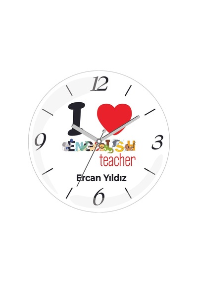 Kişiye Özel I Love English Teacher Çap 30 Bombeli Gerçek Cam Duvar Saati Siyah